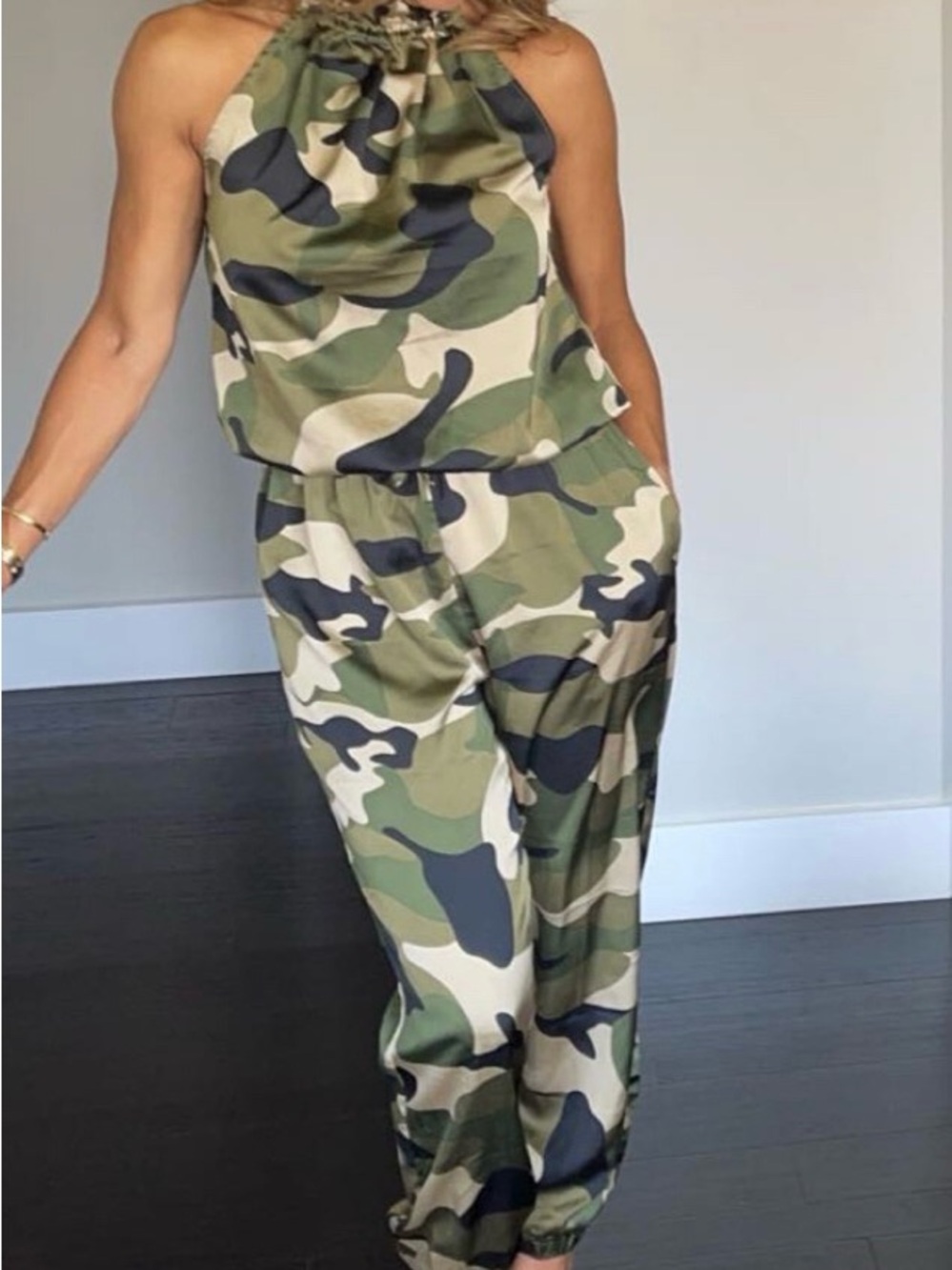 Mazik Olive Green and Black Camo Halter Jumpsuit